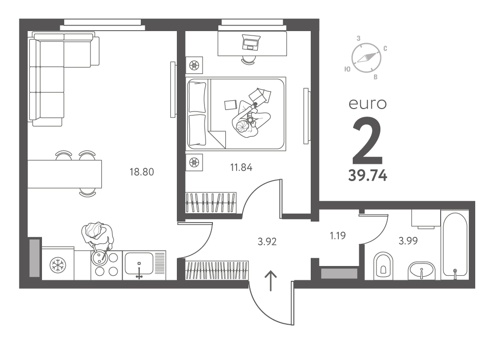 Планировка: 1-комнатная квартира, 39,74 м²