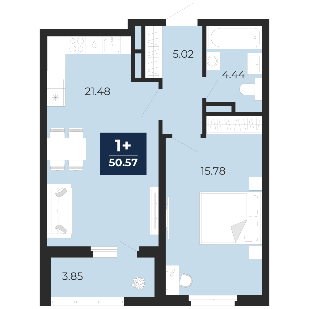 Планировка: 1-комнатная квартира, 50,57 м²