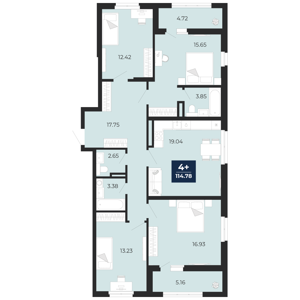Планировка: 4-комнатная квартира, 110,06 м²