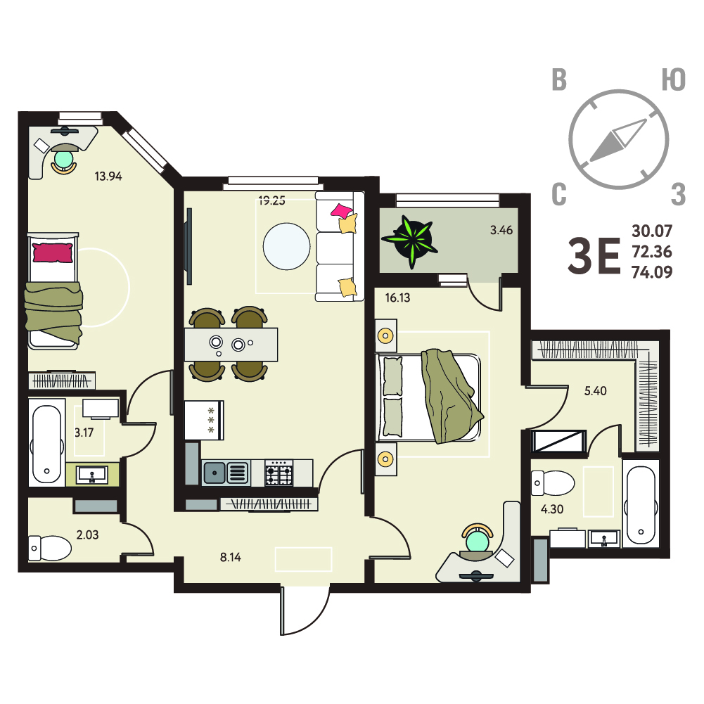 Планировка: 2-комнатная квартира, 74,09 м²