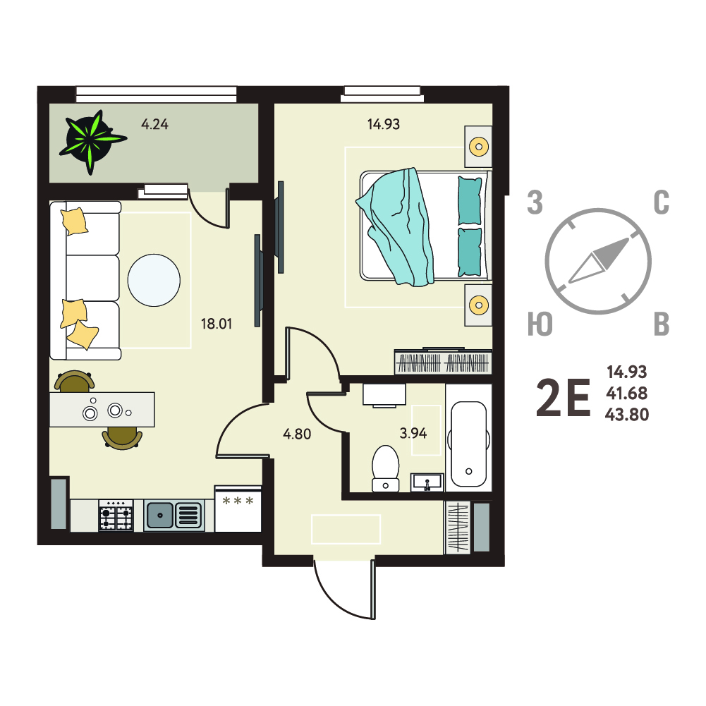 Планировка: 1-комнатная квартира, 43,8 м²