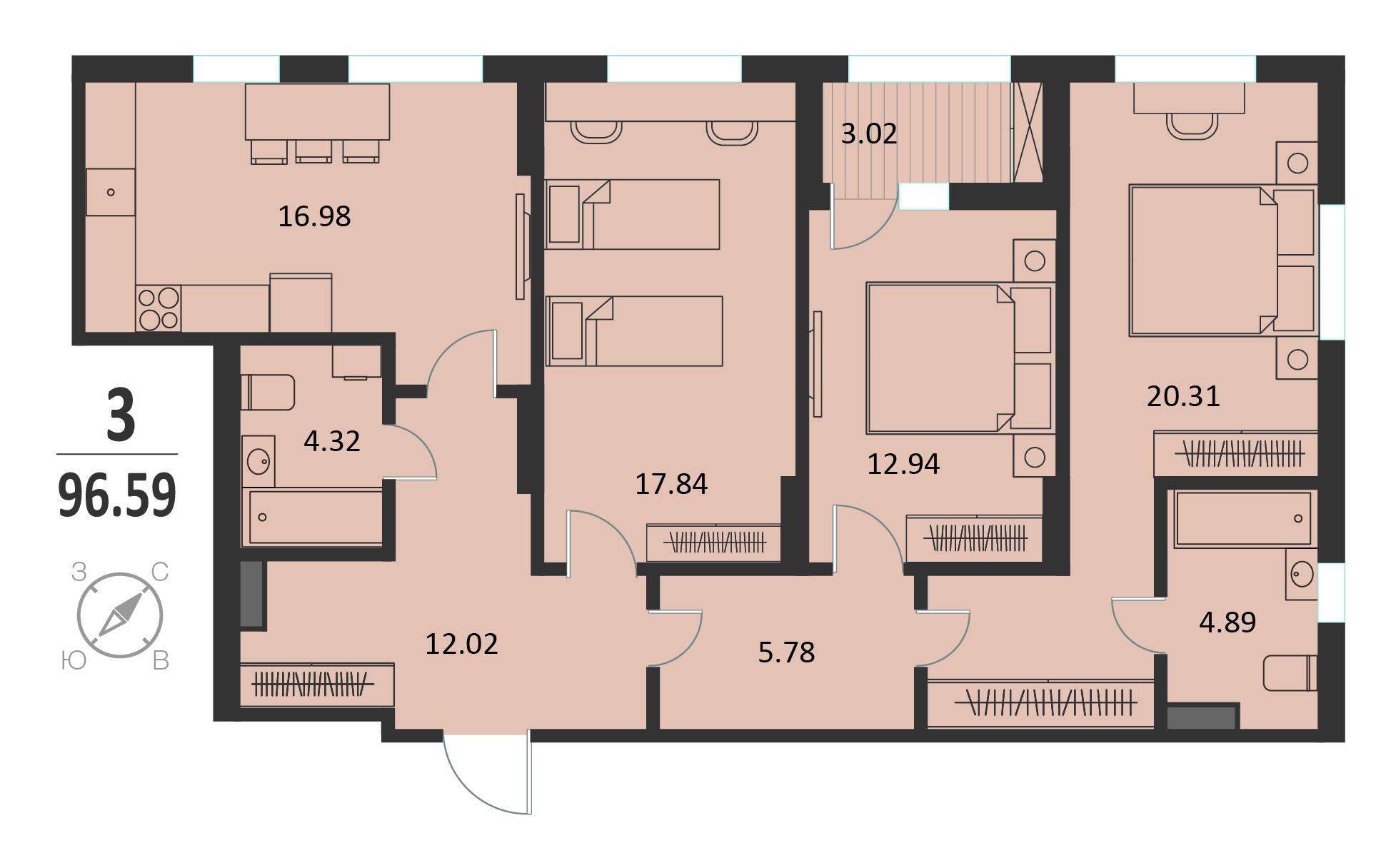 Планировка: 3-комнатная квартира, 96,59 м²