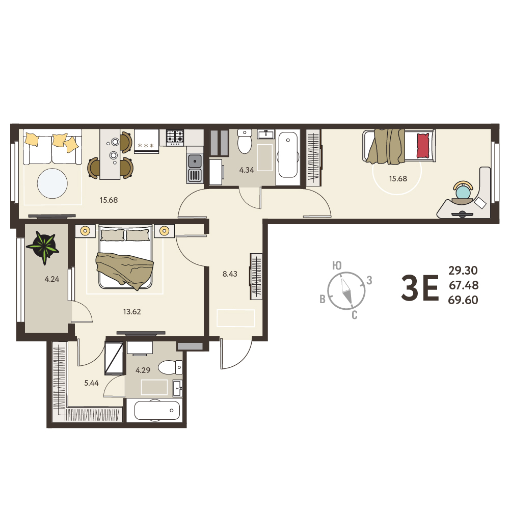 Планировка: 2-комнатная квартира, 69,6 м²
