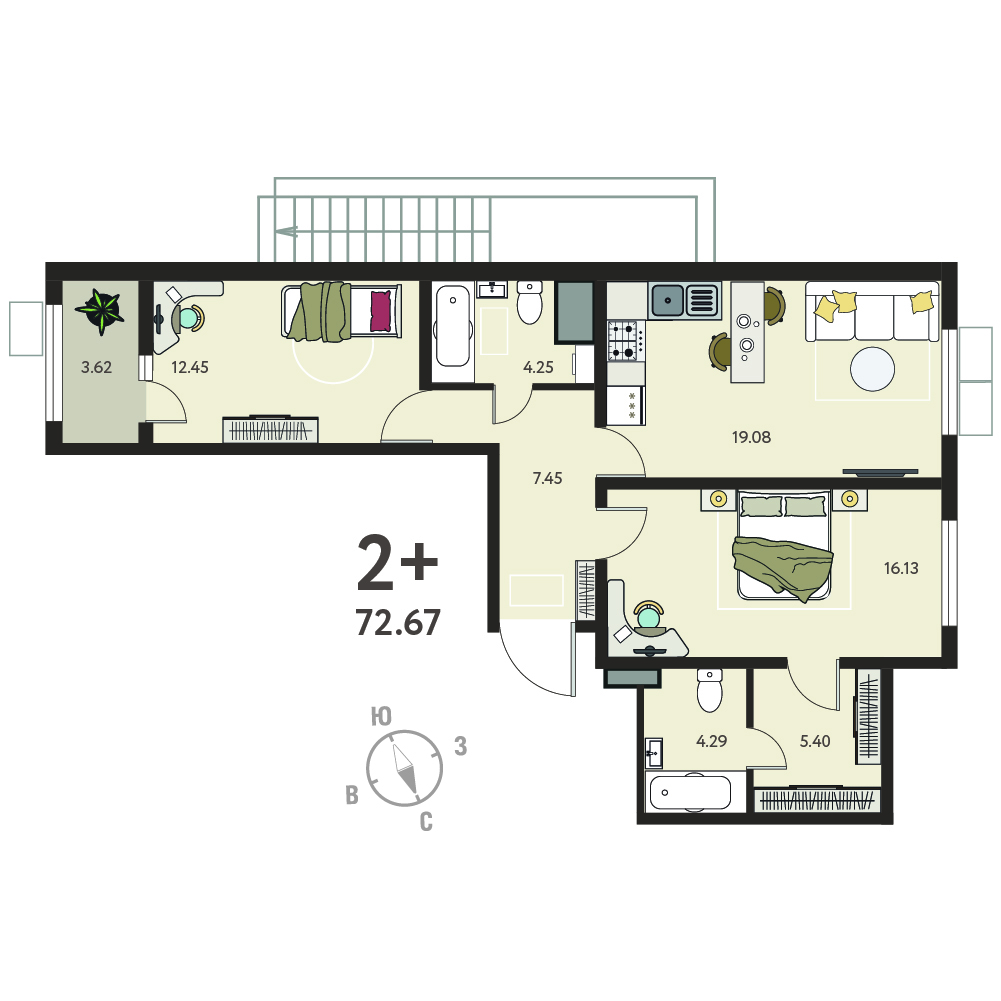 Планировка: 2-комнатная квартира, 70,86 м²
