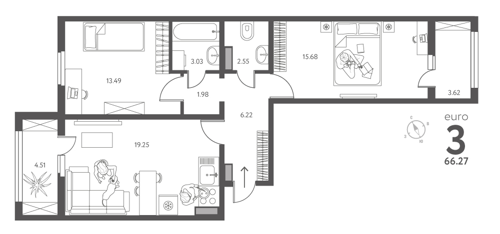 Планировка: 2-комнатная квартира, 66,27 м²