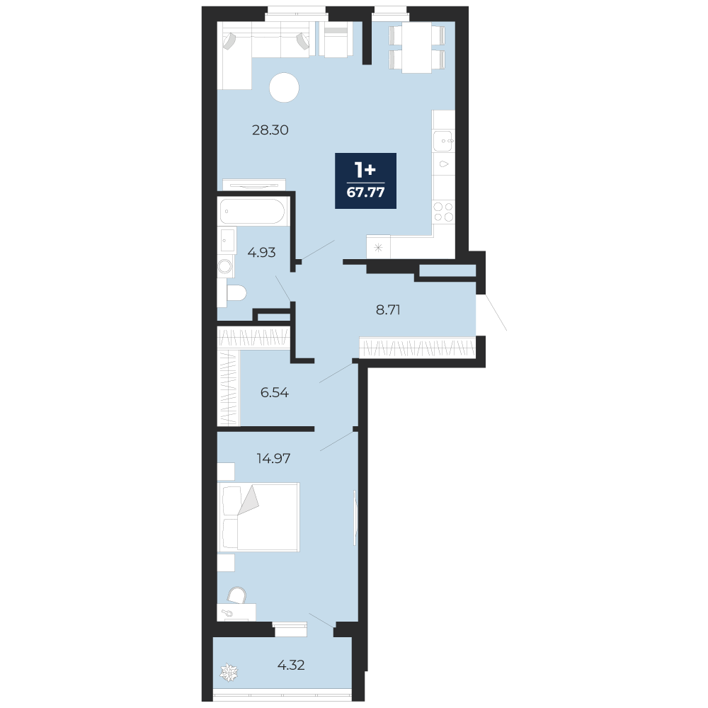 Планировка: 1-комнатная квартира, 67,77 м²
