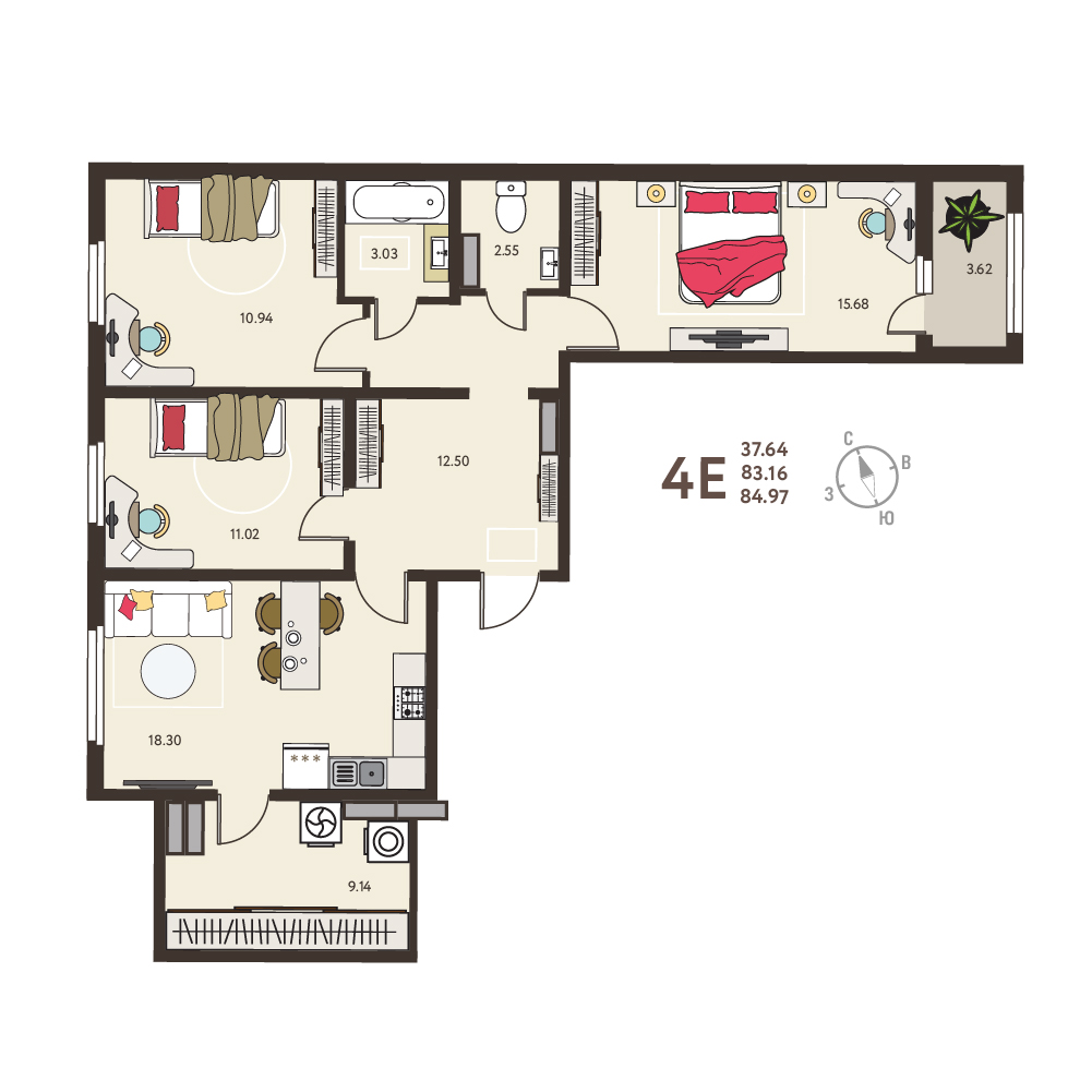 Планировка: 3-комнатная квартира, 84,97 м²