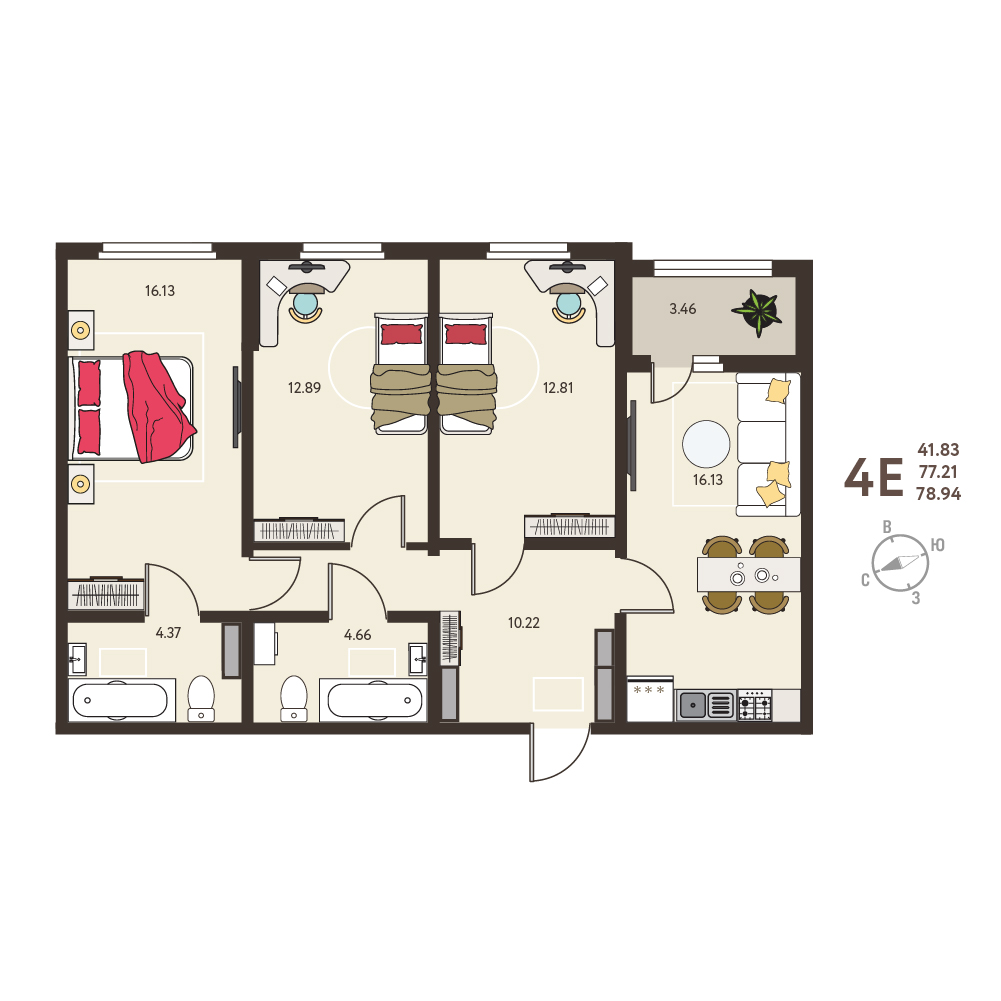 Планировка: 3-комнатная квартира, 78,94 м²