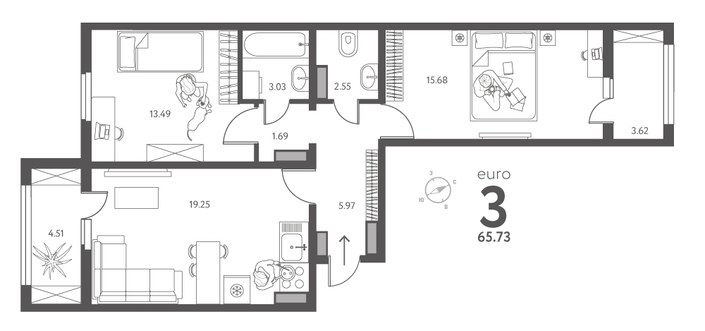 Планировка: 2-комнатная квартира, 65,73 м²