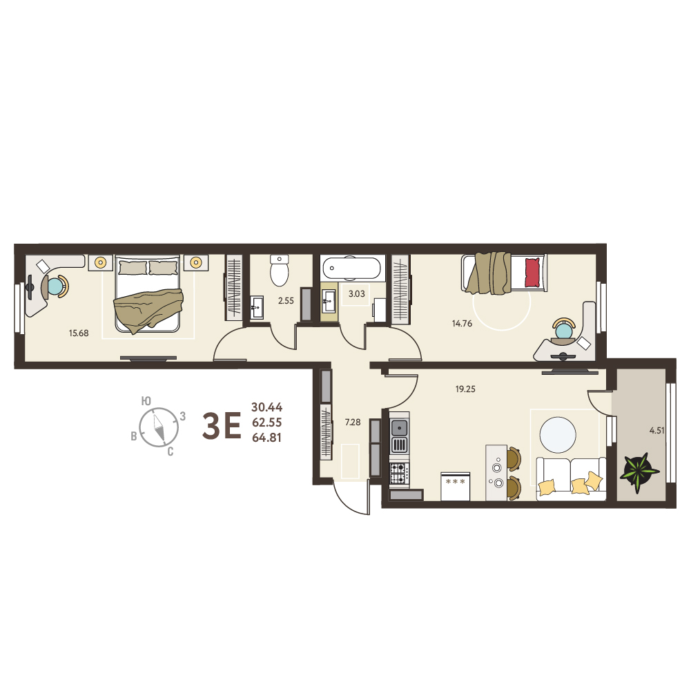 Планировка: 2-комнатная квартира, 64,81 м²