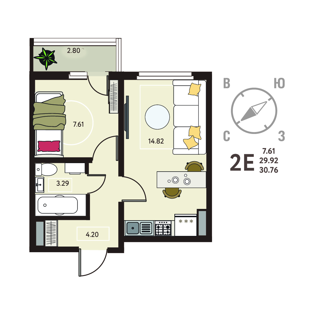 Планировка: 1-комнатная квартира, 30,76 м²