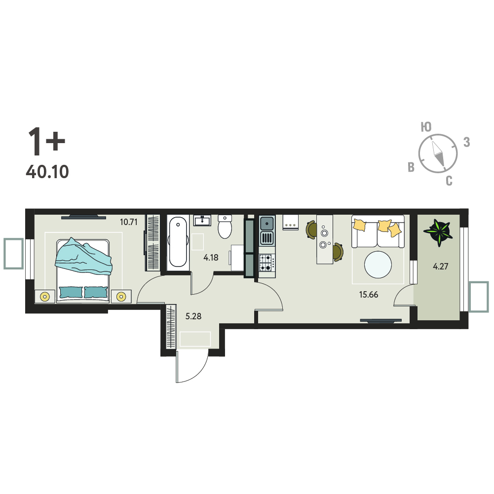 Планировка: 1-комнатная квартира, 39,54 м²