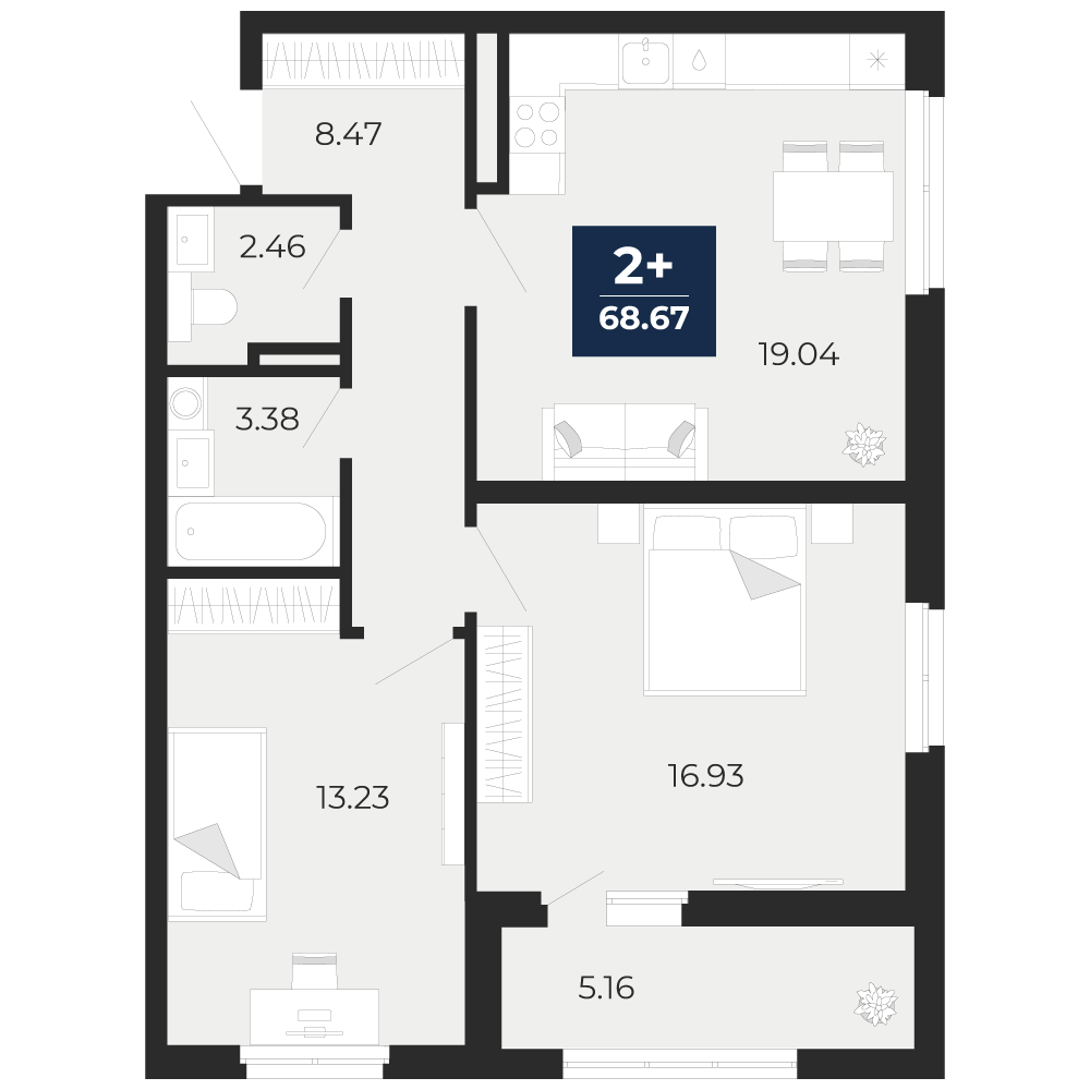 Планировка: 2-комнатная квартира, 68,67 м²
