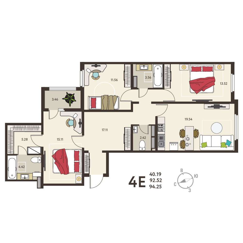 Планировка: 3-комнатная квартира, 94,25 м²