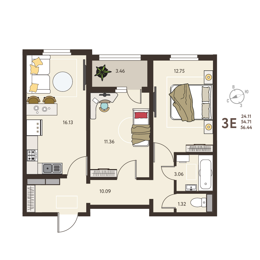 Планировка: 2-комнатная квартира, 56,44 м²