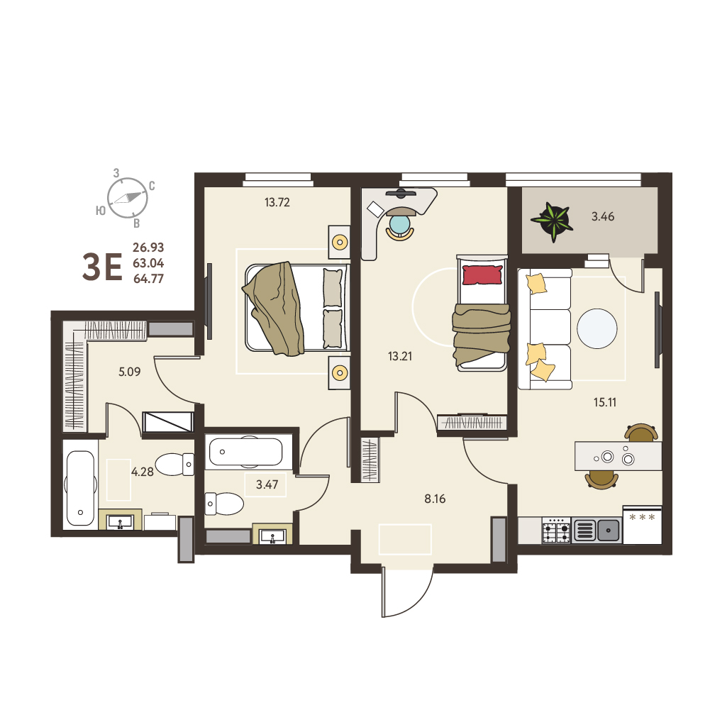 Планировка: 2-комнатная квартира, 64,77 м²