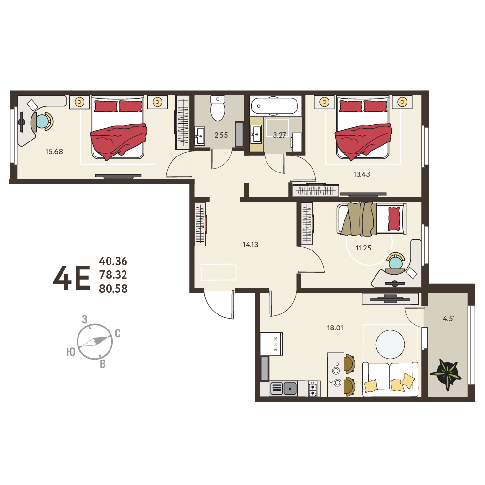 Планировка: 3-комнатная квартира, 80,58 м²