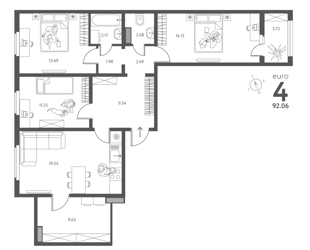 Планировка: 3-комнатная квартира, 92,06 м²
