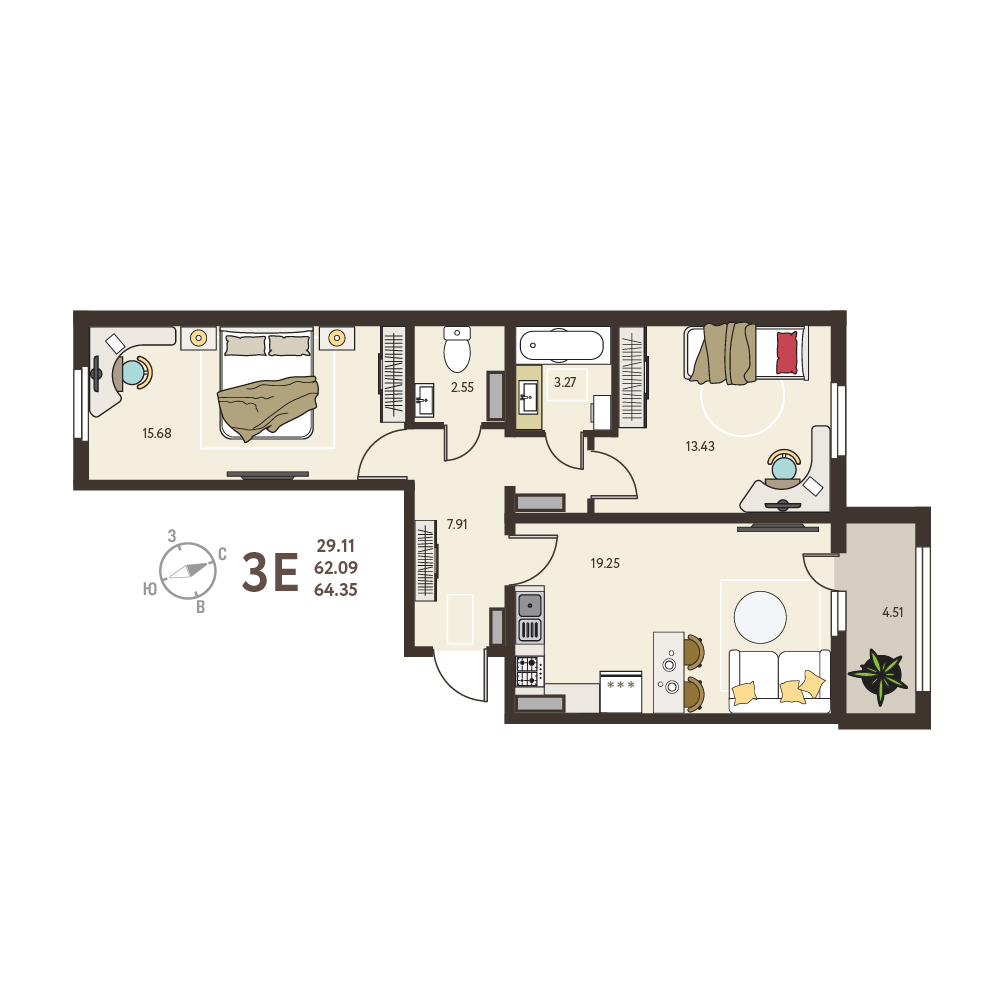 Планировка: 2-комнатная квартира, 64,35 м²