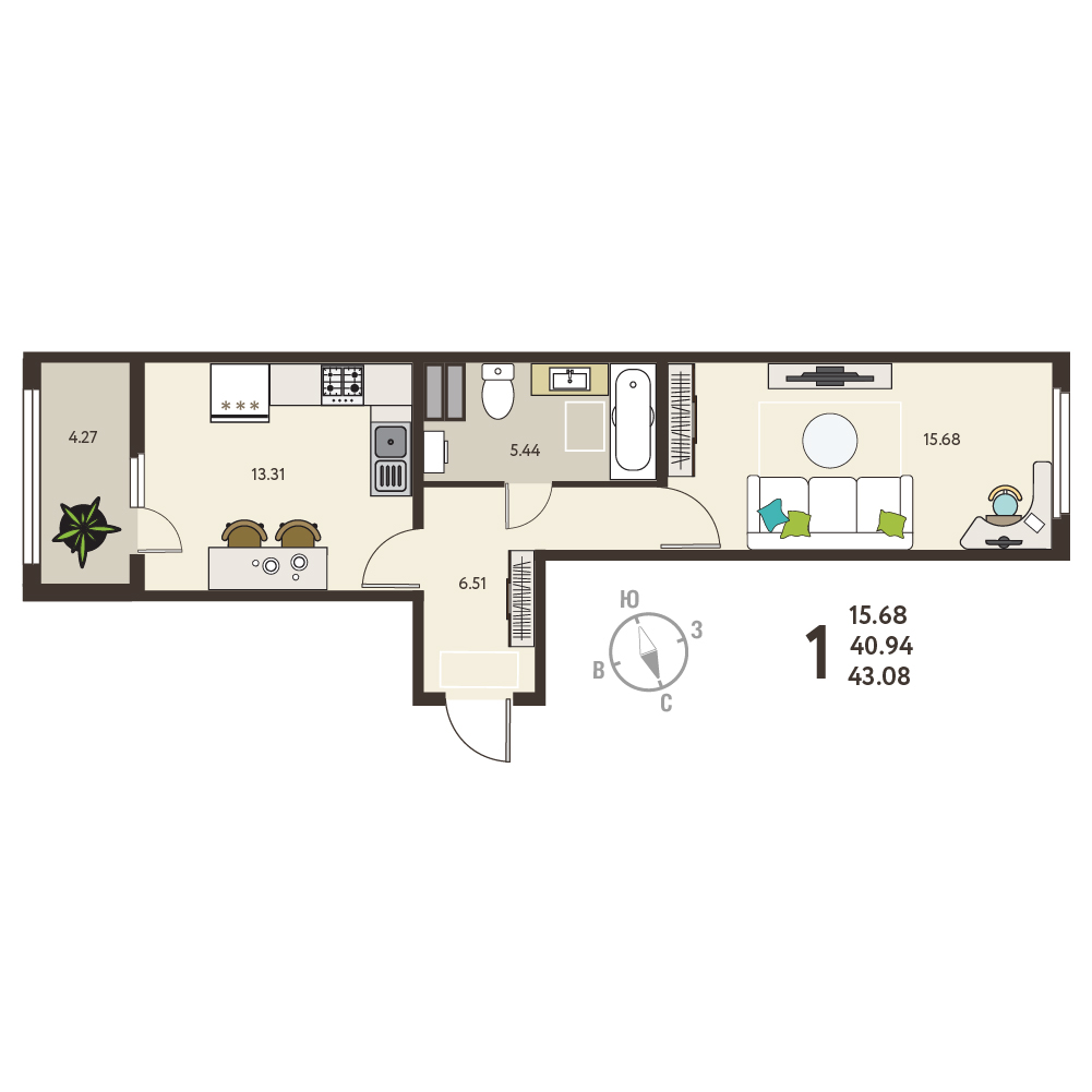 Планировка: 1-комнатная квартира, 43,08 м²