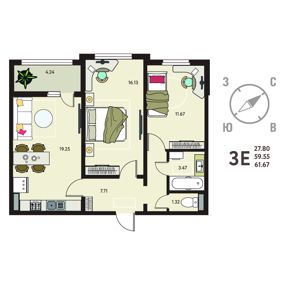 Планировка: 2-комнатная квартира, 61,67 м²