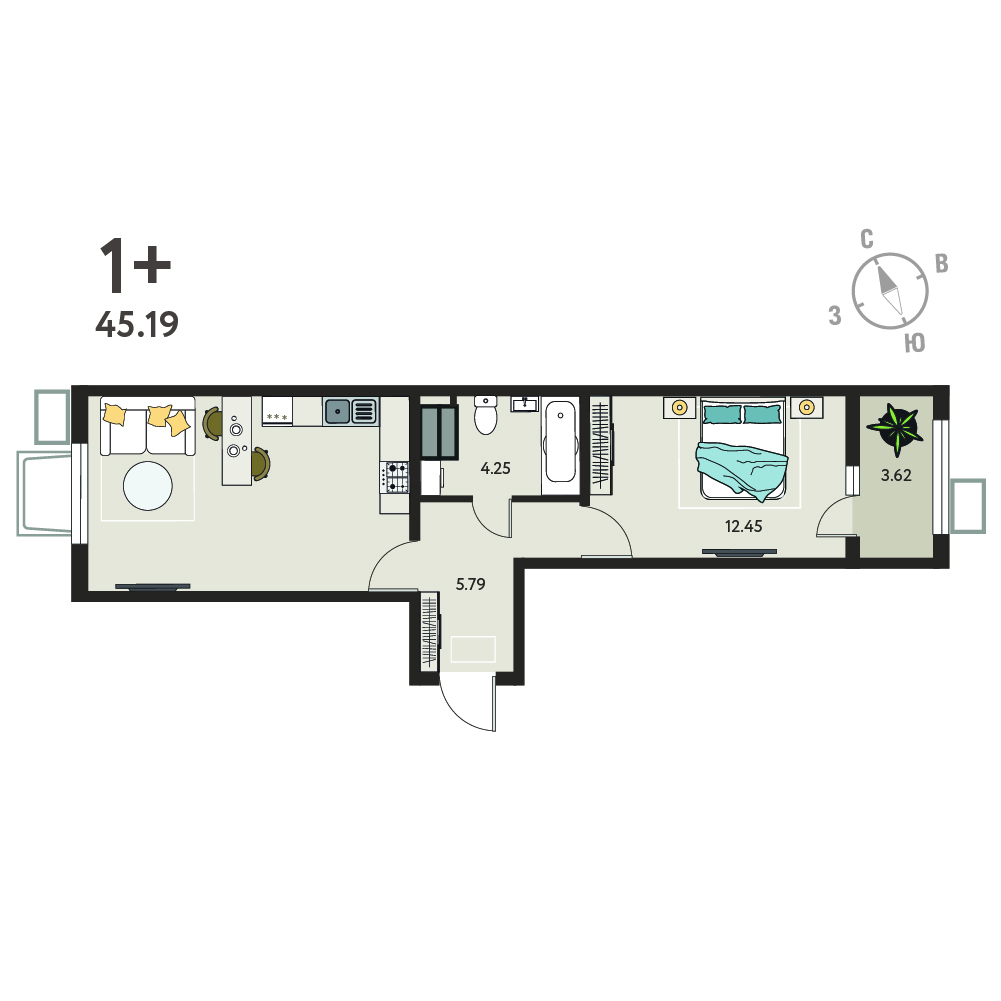 Планировка: 1-комнатная квартира, 43,38 м²