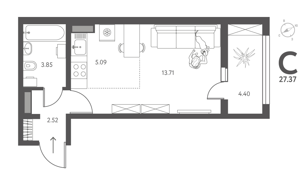 Планировка: Квартира-студия, 27,37 м²