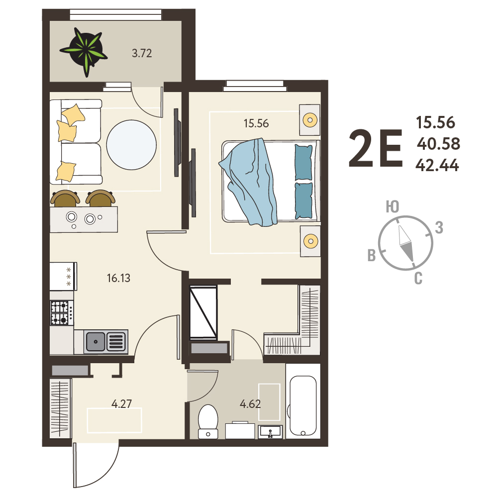 Планировка: 1-комнатная квартира, 42,44 м²