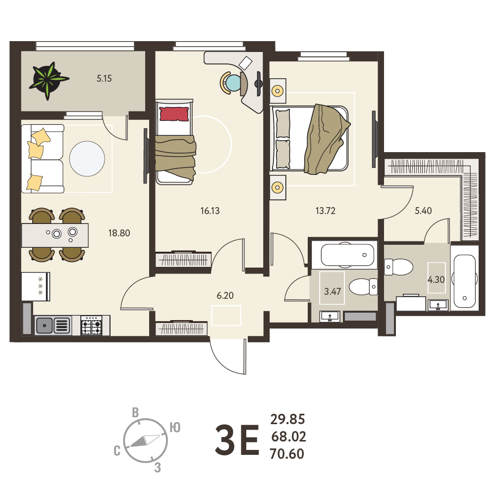 Планировка: 2-комнатная квартира, 70,6 м²