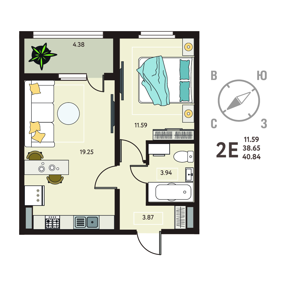 Планировка: 1-комнатная квартира, 40,84 м²