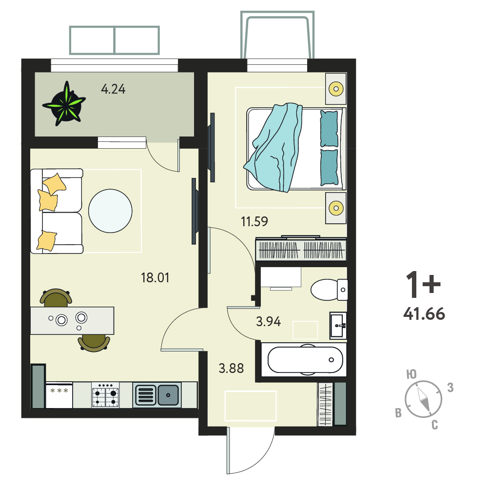 Планировка: 1-комнатная квартира, 39,54 м²