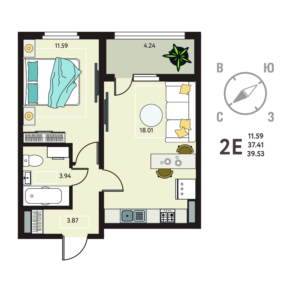 Планировка: 1-комнатная квартира, 39,53 м²