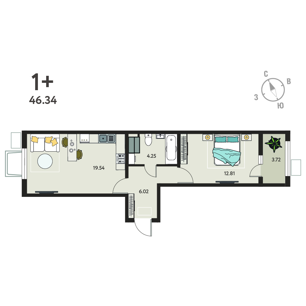 Планировка: 1-комнатная квартира, 43,8 м²