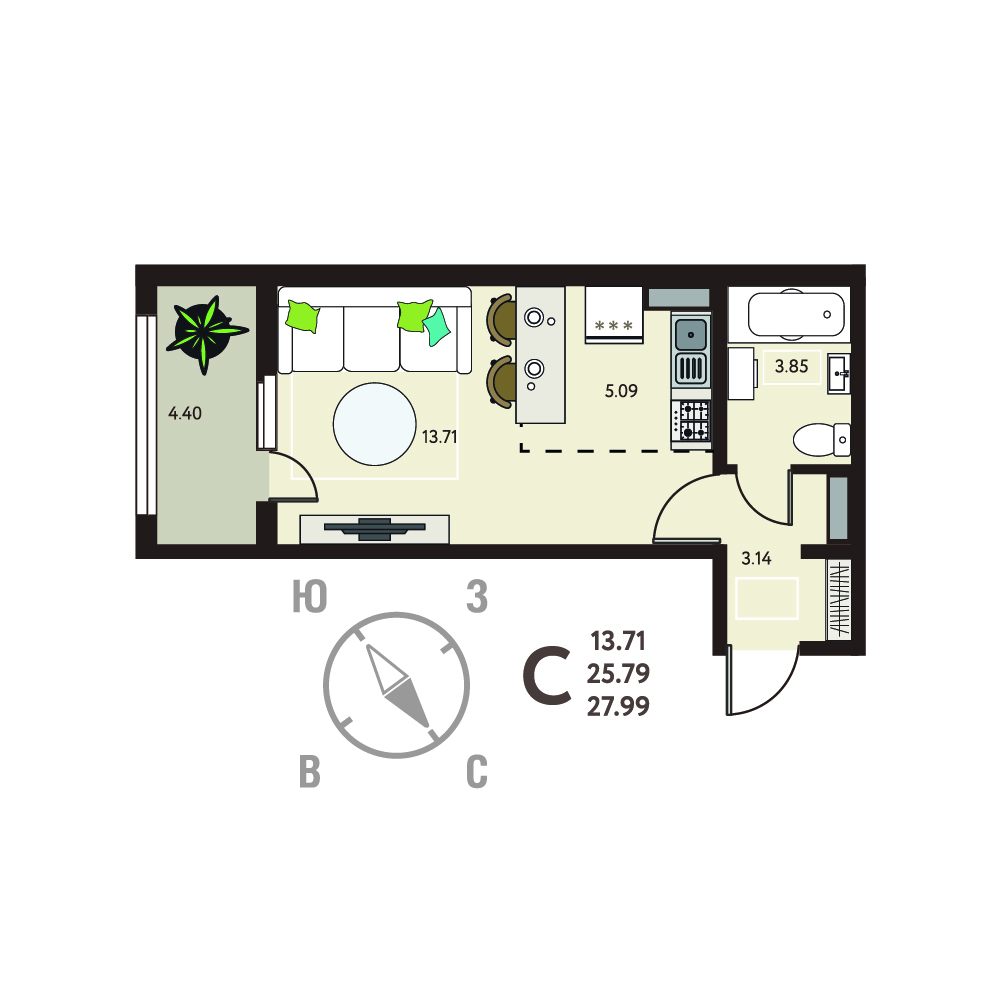 Планировка: Квартира-студия, 27,99 м²