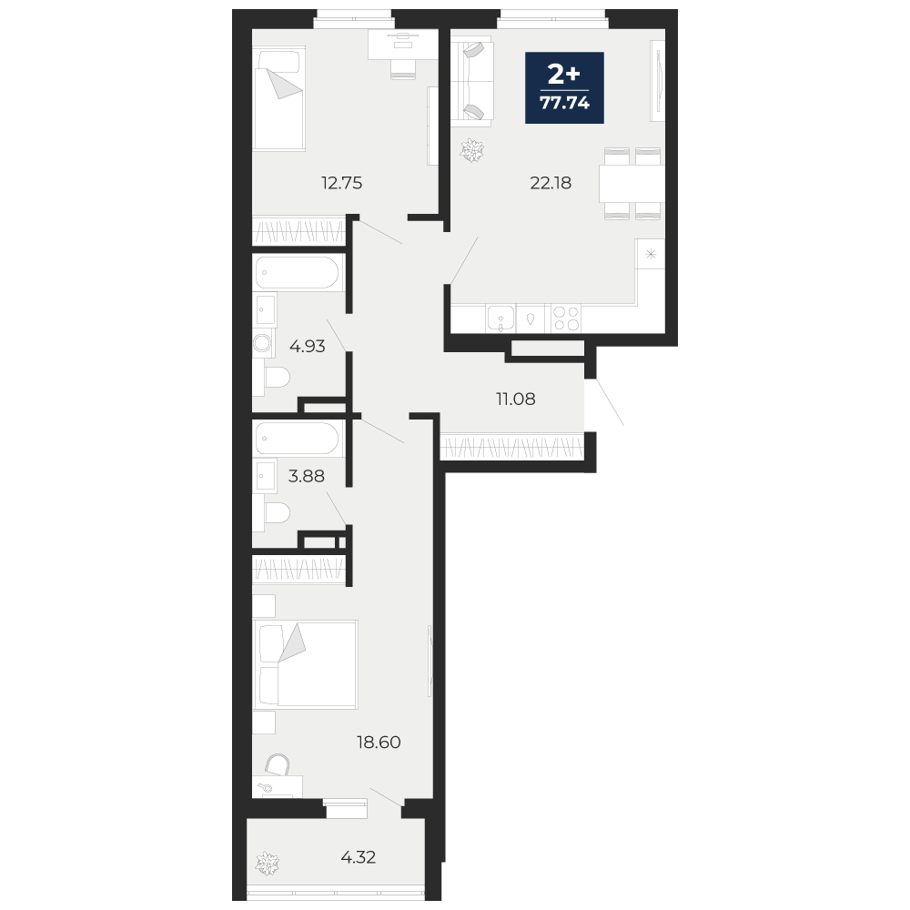 Планировка: 2-комнатная квартира, 77,74 м²