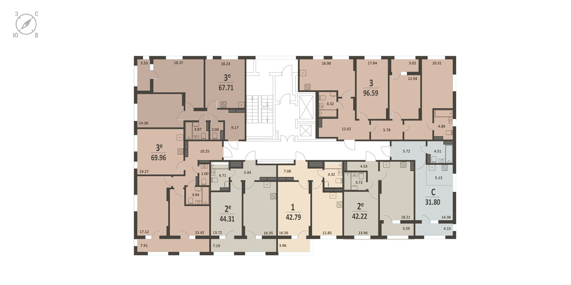 План этажа: 2-комнатная квартира, 69,96 м²