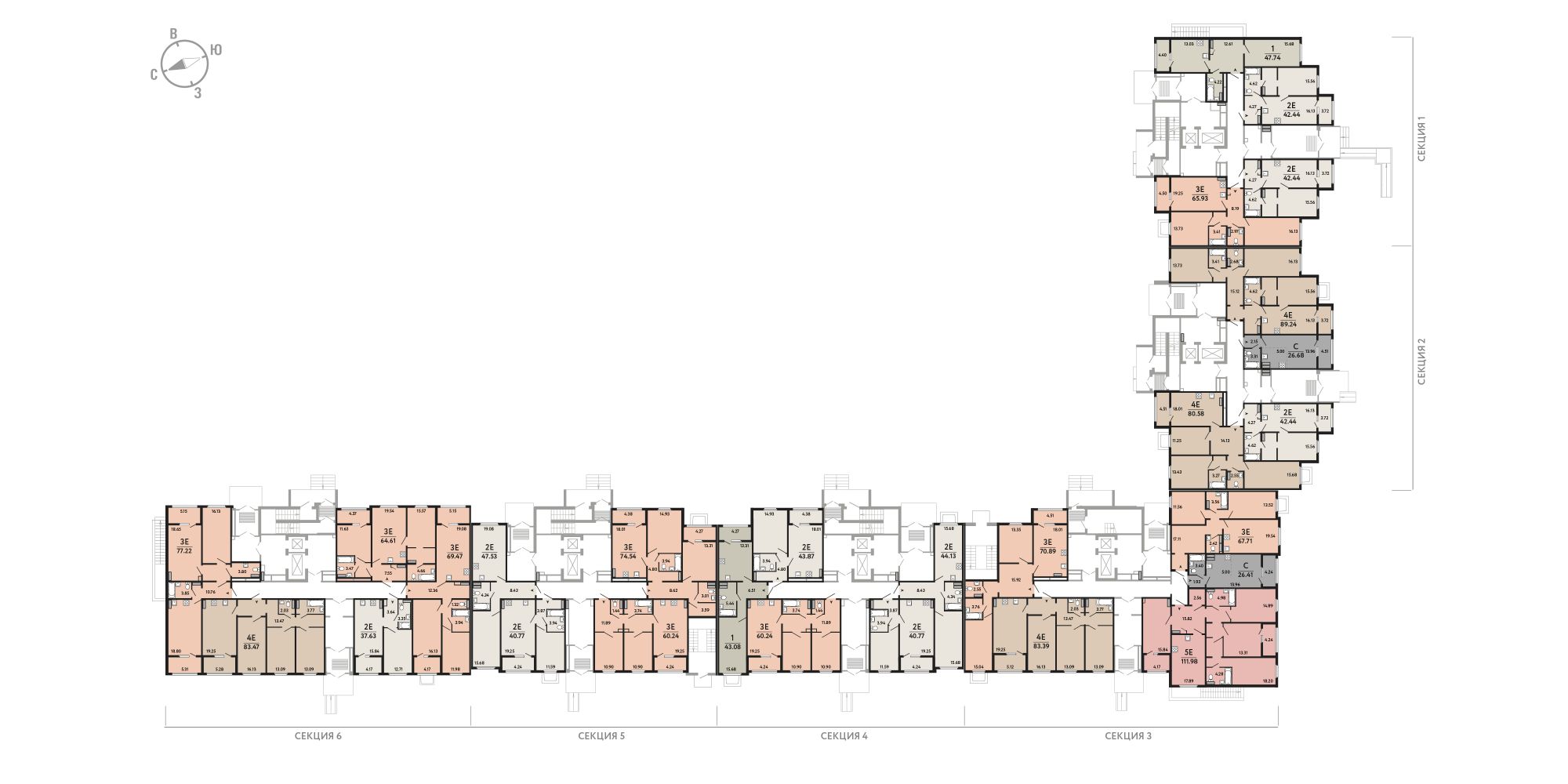 План этажа: 2-комнатная квартира, 65,93 м²