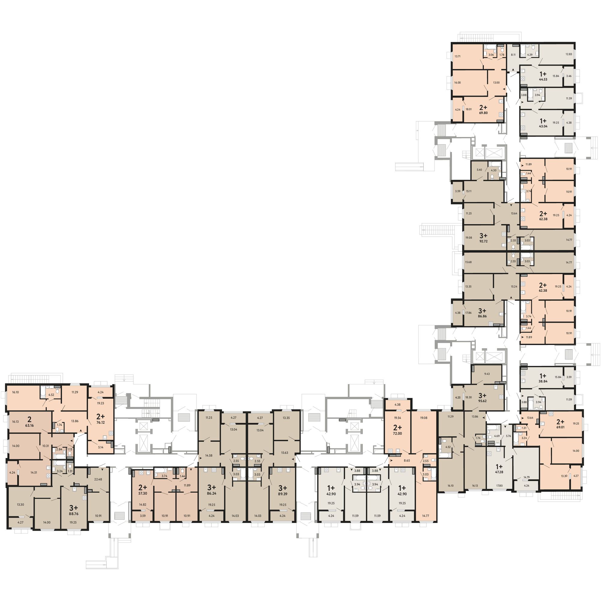 План этажа: 2-комнатная квартира, 74 м²