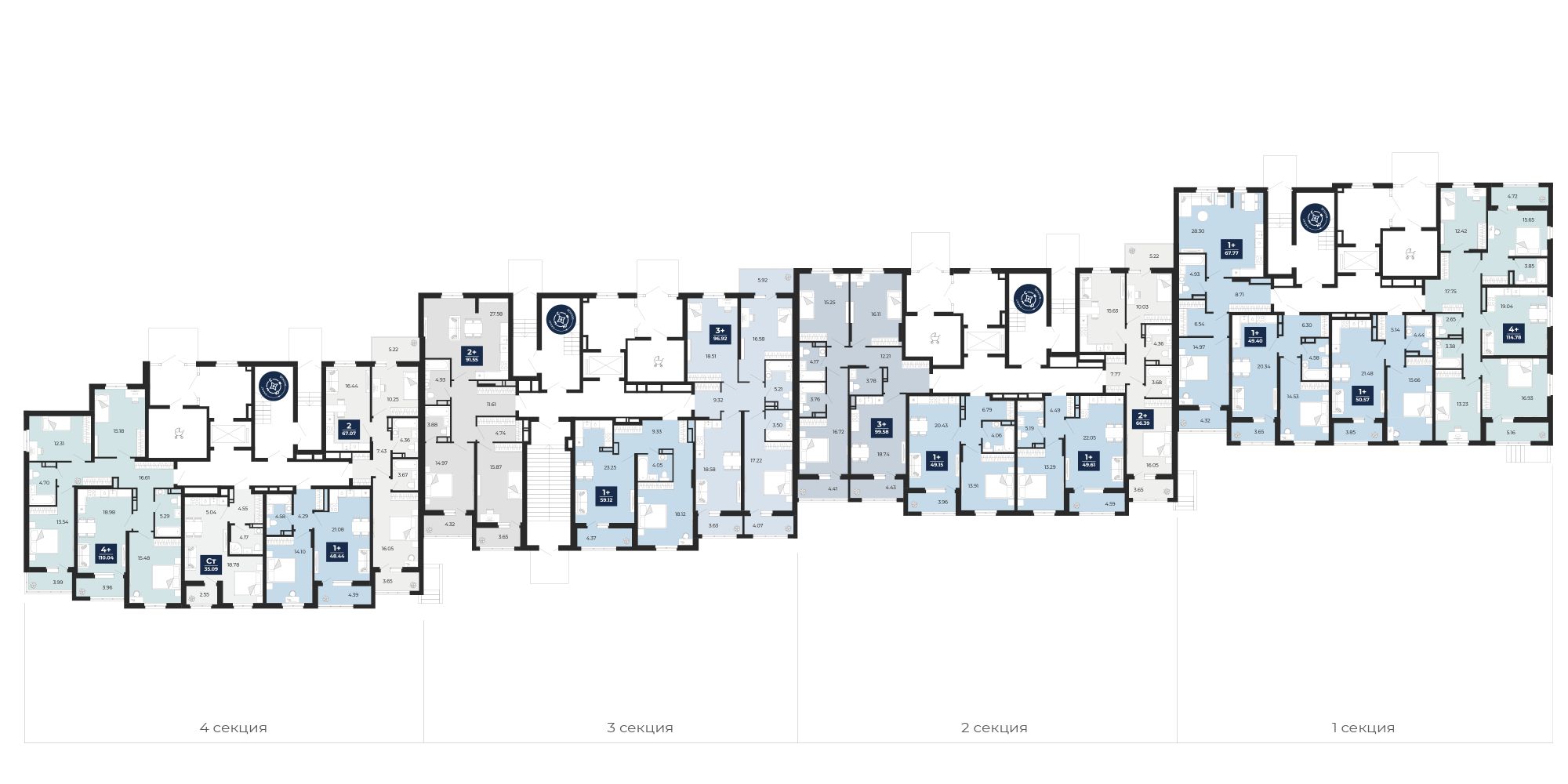 План этажа: 1-комнатная квартира, 49,4 м²